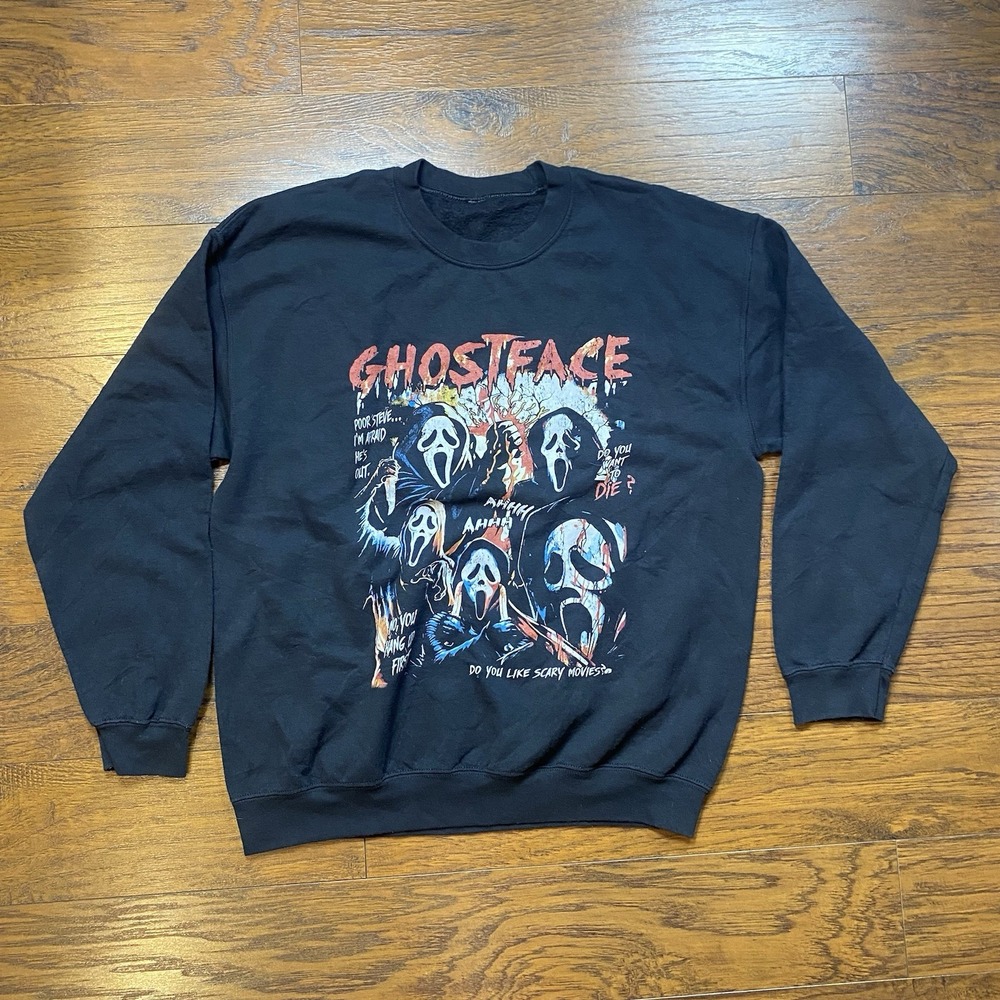 Ghostface Scream Horror Movie Graphic Sweatshirt Black Crewneck Mens Large L‎
